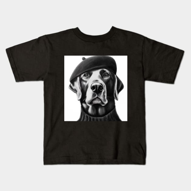 Labrador Retriever dog wearing a Beret and Black Turtleneck Kids T-Shirt by Catchy Phase